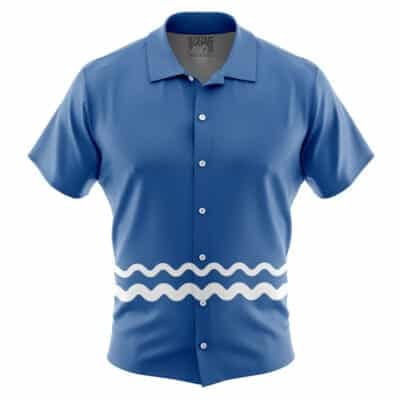 The Default Button Up Hawaiian Shirt (Copy) is a short-sleeve, collared button-up in solid blue featuring two white wavy horizontal lines across the midsection.