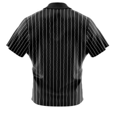 Back view of the Default Button Up Hawaiian Shirt, featuring short sleeves, a collar, and evenly spaced vertical white pinstripes on smooth black fabric. The shirt has a fitted appearance.