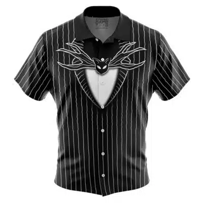 The Default Button Up Hawaiian Shirt (Copy) is a short-sleeve, black and white pinstriped shirt with a printed suit jacket design, including a stylized bat bow tie and lapel over an exposed chest detail.