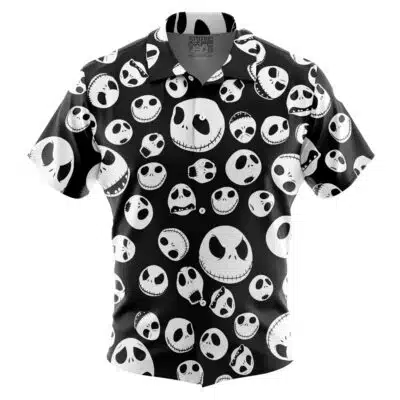 The Default Button Up Hawaiian Shirt (Copy) features a black background with white cartoon skull faces in various sizes and expressions, all on a short-sleeve button-up design.