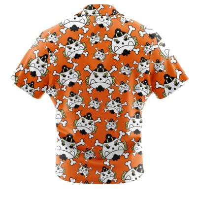 The Default Button Up Hawaiian Shirt features a playful orange background with cartoon pirate cats in hats and eye patches, plus white bones, for a fun and whimsical look.
