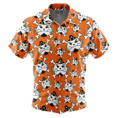 The Default Button Up Hawaiian Shirt (Copy) is a short-sleeved orange shirt with cartoon pirate cat faces in hats and eye patches, surrounded by white bones and fish skeletons.