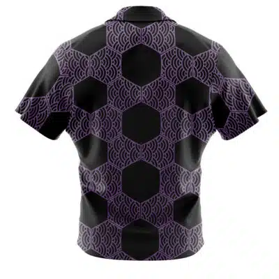 The Default Button Up Hawaiian Shirt (Copy) features short sleeves and a modern geometric pattern of large black hexagons with overlapping purple wave designs, shown from the back for an intricate look.