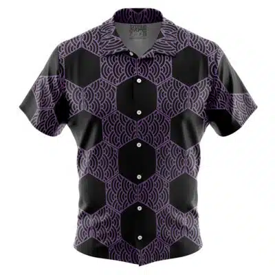 The Default Button Up Hawaiian Shirt (Copy) features short sleeves and a symmetrical, bold geometric pattern of black hexagons and purple wave-like lines on a black background.