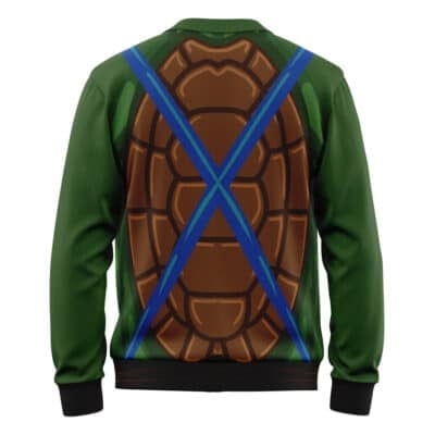 A green Default Knitted Cardigan Sweater (Copy) with a turtle shell print on the back and two blue crossed straps, inspired by the Teenage Mutant Ninja Turtles.