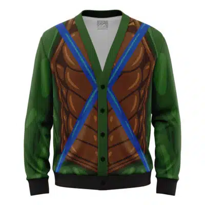 The Default Knitted Cardigan Sweater (Copy) features a cartoon-style muscular torso, green sleeves, brown chest armor, and blue crossed straps for a superhero-inspired look.