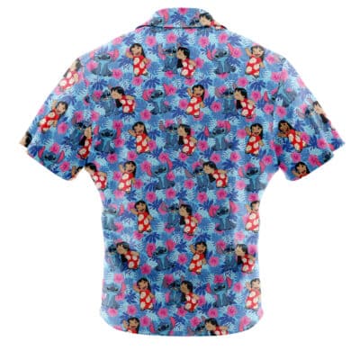 The Default Button Up Hawaiian Shirt (Copy) features short sleeves and a vibrant pattern of cartoon characters, including a girl in red and a blue creature, with pink and blue tropical flowers on a light blue background.