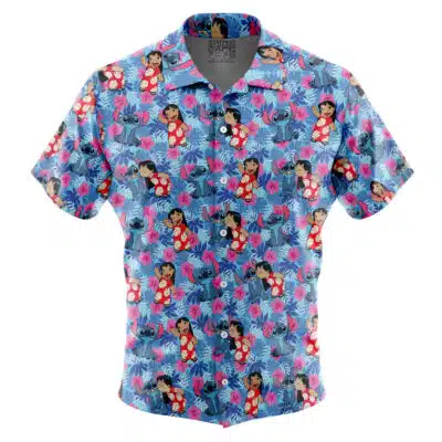 The Default Button Up Hawaiian Shirt (Copy) is a short-sleeve shirt featuring a blue background with animated characters—a girl in red and a blue creature—amid pink and purple tropical flowers and leaves.