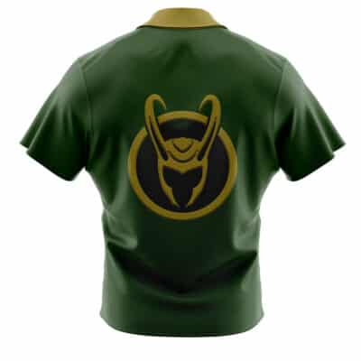 Back view of the Default Button Up Hawaiian Shirt (Copy) in green, showcasing a large gold and black stylized horned helmet emblem centered on the upper back.