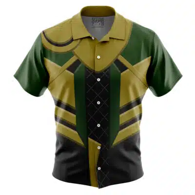 The Default Button Up Hawaiian Shirt (Copy) is a short-sleeved shirt with an armor-inspired design in dark green, gold, and black, featuring bold geometric patterns and sharp lines on the front.