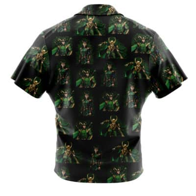 The image shows the back of the Default Button Up Hawaiian Shirt, featuring a short-sleeve design with a repeating pattern of a horned helmeted character in green and gold attire holding a staff, set against a dark background.