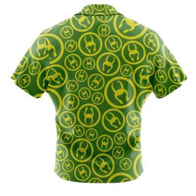 The Default Button Up Hawaiian Shirt (Copy) is a green short-sleeve shirt featuring an all-over print of yellow circles with stylized backward-facing cat silhouettes in varying sizes.