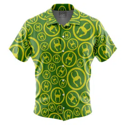 The Default Button Up Hawaiian Shirt features short sleeves and a green base decorated with repeating yellow circles, each containing stylized abstract human figures in various sizes.
