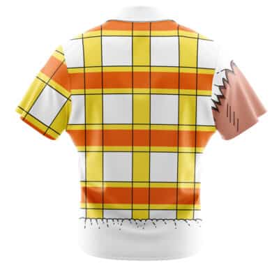 The Default Button Up Hawaiian Shirt (Copy) features short sleeves with a yellow, orange, and white plaid pattern on the back and left sleeve. The right sleeve displays a cartoonish pink-toned arm with jagged edges resembling a character’s arm.