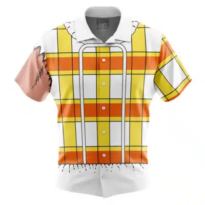 The Default Button Up Hawaiian Shirt (Copy) is a short-sleeve button-up with a yellow and orange plaid cartoon sheriff design, printed vest, white collar, and brown stitched details.