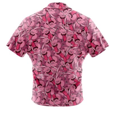 The Default Button Up Hawaiian Shirt (Copy) has short sleeves and displays an all-over pattern of pink cartoon faces with closed eyes and tongues out on a matching pink background. Image shows the back view of the shirt.