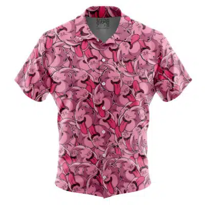 The Default Button Up Hawaiian Shirt (Copy) is a short-sleeved, collared shirt featuring an all-over pattern of pink cartoon faces sticking out their tongues on a light pink background, finished with white buttons.