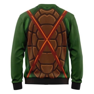A green Default Knitted Cardigan Sweater (Copy) featuring a printed turtle shell design on the back with two crossed red straps, inspired by the Teenage Mutant Ninja Turtles.