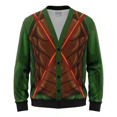 The Default Knitted Cardigan Sweater (Copy) is a green cardigan styled like a superhero costume with a printed brown muscular chest, red diagonal straps, and black cuffs, collar, and buttons.