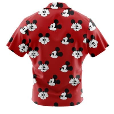 A red short-sleeve Default Button Up Hawaiian Shirt (Copy) with a back design of black and white cartoon mouse faces showing happy and sad emotions.