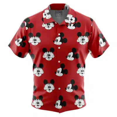 The Default Button Up Hawaiian Shirt (Copy) is a short-sleeve red shirt with black and white cartoon mouse faces in various expressions printed all over.