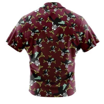 The Default Button Up Hawaiian Shirt (Copy) is maroon with short sleeves and features a repeating cartoon bird playing a yellow trumpet, patterned across the fabric. The image displays the back view of the shirt.