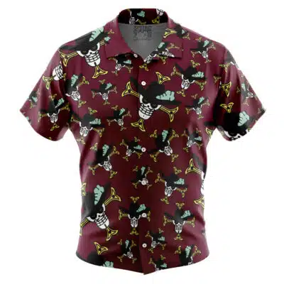 The Default Button Up Hawaiian Shirt (Copy) is a short-sleeved, maroon shirt with cartoon black and white birds with teal wings and yellow accents, all playing golden trumpets in a playful pattern.