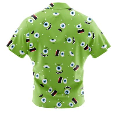 A green Default Button Up Hawaiian Shirt features playful cartoon monster eyes and mouths in various expressions scattered across the fabric, shown from the back.
