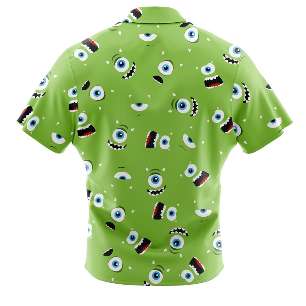 A green Default Button Up Hawaiian Shirt features playful cartoon monster eyes and mouths in various expressions scattered across the fabric, shown from the back.