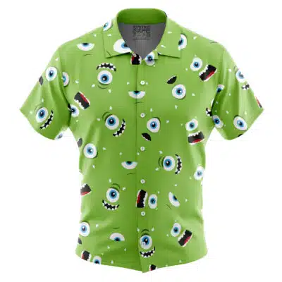 The Default Button Up Hawaiian Shirt (Copy) is a green short-sleeve shirt decorated with a playful pattern of cartoon monster eyes and sharp-toothed mouths scattered across the fabric.