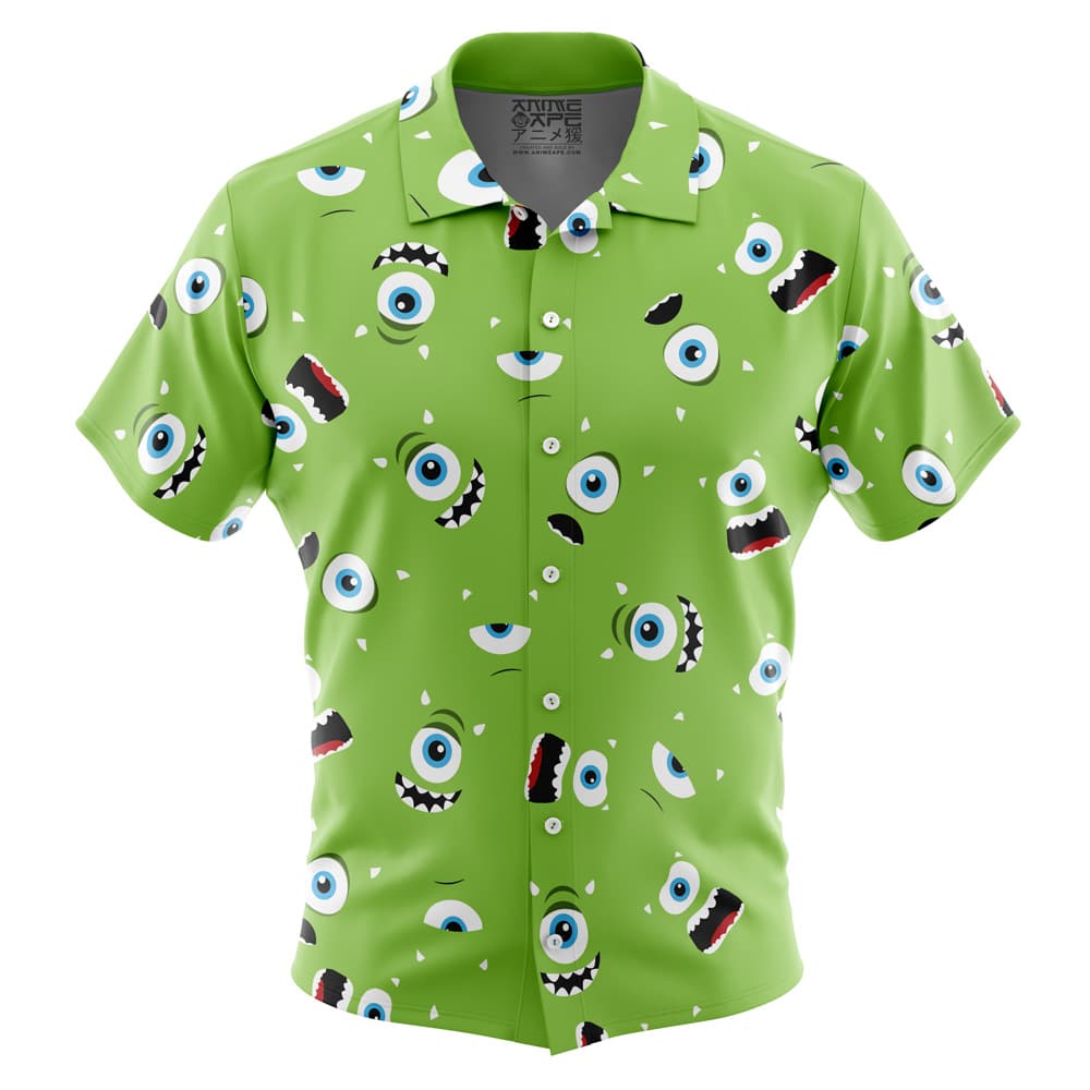 The Default Button Up Hawaiian Shirt (Copy) is a green short-sleeve shirt decorated with a playful pattern of cartoon monster eyes and sharp-toothed mouths scattered across the fabric.