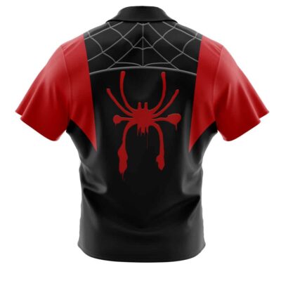 Back view of the Miles Morales Spiderman Marvel Short Sleeve Button Up Hawaiian Shirt, showcasing a black and red spider design with a web pattern on the upper back and red sleeves.