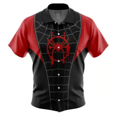 The Miles Morales Spiderman Marvel Short Sleeve Button Up Hawaiian Shirt features a red and black web design with a red spider logo on the chest, inspired by Spider-Man.