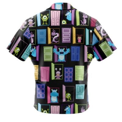 The Default Button Up Hawaiian Shirt features a short-sleeve design with colorful cartoon monsters and children peeking out from multicolored doors on a black background.