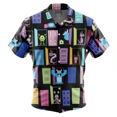 The Default Button Up Hawaiian Shirt (Copy) is a short-sleeve shirt with a black background and playful cartoon monsters peeking from pastel doors in a colorful, repeating pattern.