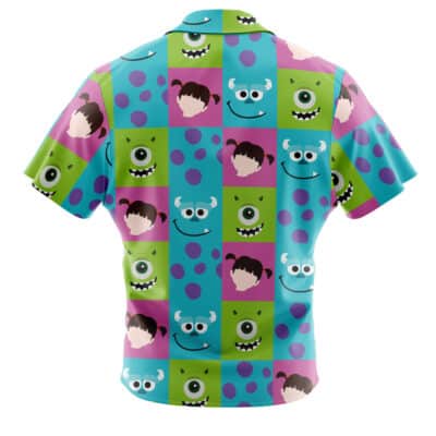 The Default Button Up Hawaiian Shirt (Copy) is a colorful short-sleeved shirt with a checkered pattern inspired by Monsters, Inc., featuring blue and green squares, monster faces, cartoon accents, and purple dots on the back.