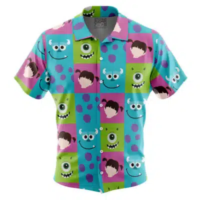 The Default Button Up Hawaiian Shirt (Copy) is a short-sleeve button-up with cartoon faces, eyes, blue and purple polka dots, and vibrant blue, green, and purple checkered squares.
