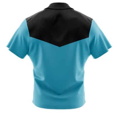 A back view of the Default Button Up Hawaiian Shirt (Copy), showcasing a black V-shaped upper section across the shoulders and a light blue body, with short sleeves.
