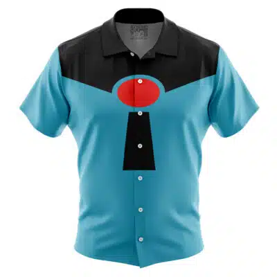 The Default Button Up Hawaiian Shirt features short sleeves, a black collar and shoulders, a turquoise body, and a striking chest graphic with a large red oval and black geometric shapes.