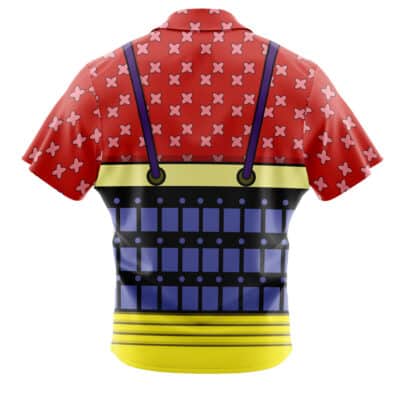 The Default Button Up Hawaiian Shirt (Copy) features short sleeves, a red top with white X shapes, black suspenders, a yellow waist stripe, and a blue checkered grid on the lower back.