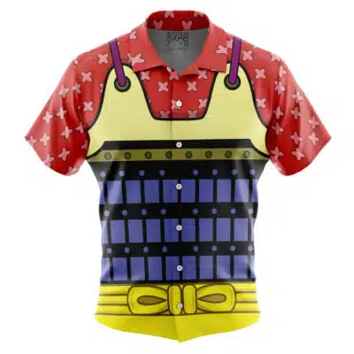 The Default Button Up Hawaiian Shirt (Copy) is a short-sleeved shirt styled like an anime costume, with a red patterned top, yellow armor-style chest, blue vertical stripes, and a yellow belt graphic at the hem.