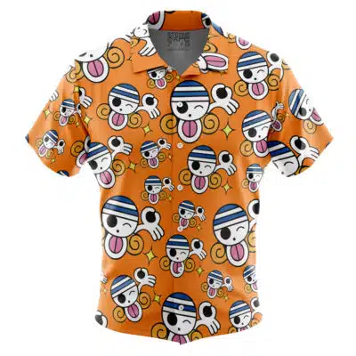 The Default Button Up Hawaiian Shirt features an orange design with cartoon monkeys in blue-striped hats, big eyes, and sticking out tongues, accented by yellow swirls and sparkles.