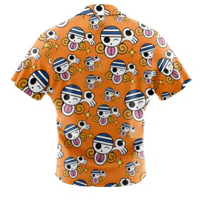 Back view of the Default Button Up Hawaiian Shirt in orange, showcasing cartoon skulls in blue-and-white striped caps, pink tongues out, and playful hand gestures in a repeating pattern.