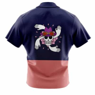 The Default Button Up Hawaiian Shirt (Copy) features a navy blue upper half, pink lower half, and a cartoon skull with a purple hat, red goggles, pink flower, and four arms on the back.