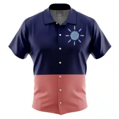 The Default Button Up Hawaiian Shirt (Copy) is a short-sleeve shirt with a navy blue top, dusty pink bottom, and a light blue flower design on the left chest.
