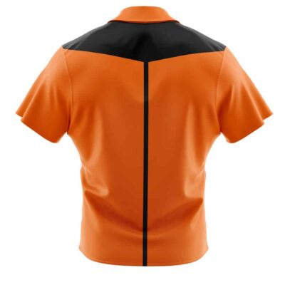 Default Button Up Hawaiian Shirt (Copy) in orange, short-sleeved, shown from the back with a black V-shaped shoulder section and a vertical stripe down the center.