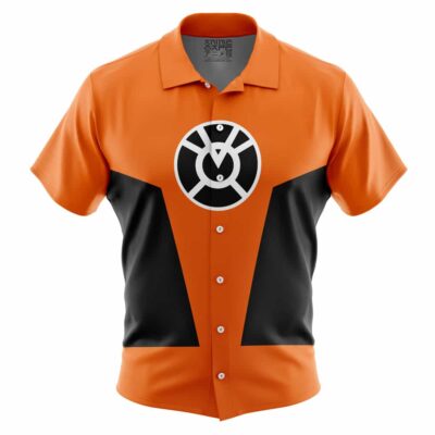 The Default Button Up Hawaiian Shirt (Copy) is an orange and black short-sleeve shirt with a circular white and black chest symbol and black panels running from shoulders to waist.