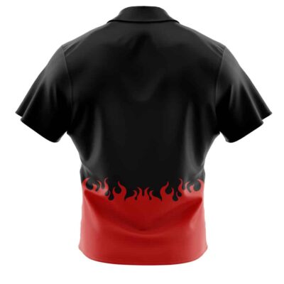 Back view of the Default Button Up Hawaiian Shirt (Copy), featuring short sleeves, a black upper section, and a red lower part with a black flame pattern blending into the top.