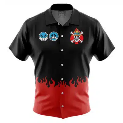 The Default Button Up Hawaiian Shirt (Copy) is a short-sleeve shirt with a black upper half, red lower half with black flames, two blue smiley faces on the chest, and a flaming skull and crossbones emblem.