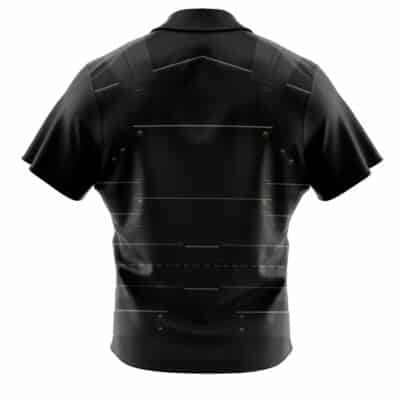 The Default Button Up Hawaiian Shirt (Copy) is a black short-sleeve shirt with a back view featuring subtle body armor-inspired details, including faint lines, straps, and rivet-like accents.